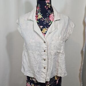 CARLY JEAN LA Cream Off White Cap Sleeve Button Front Linen Blouse Size Small